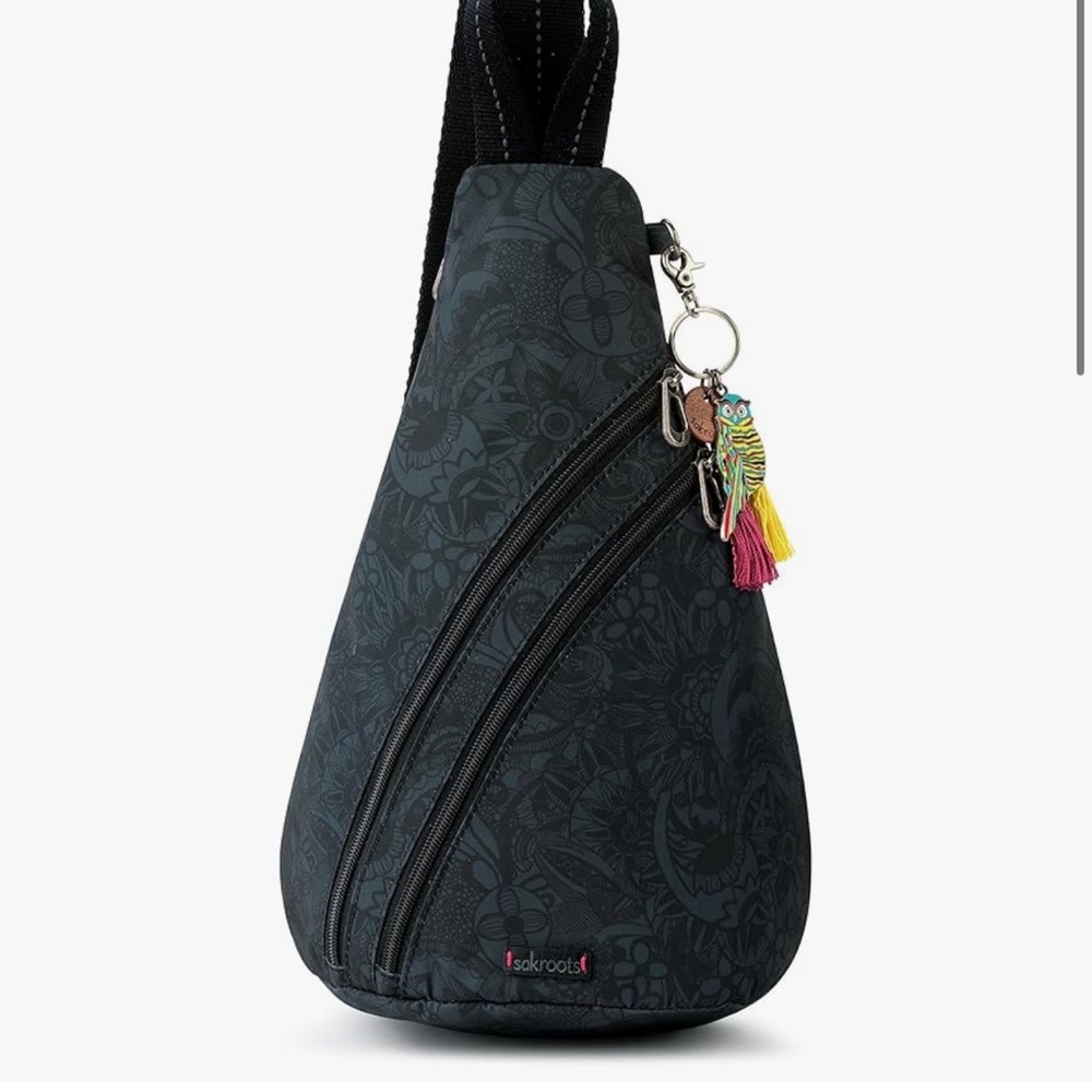 The Sak Sakroots Black Grey Mesh Sling Bag Purse Crossbody